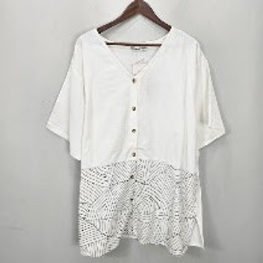 My Choice White Linen Blend Button Down Top 3X Short Sleeve Blouse Resort NWT